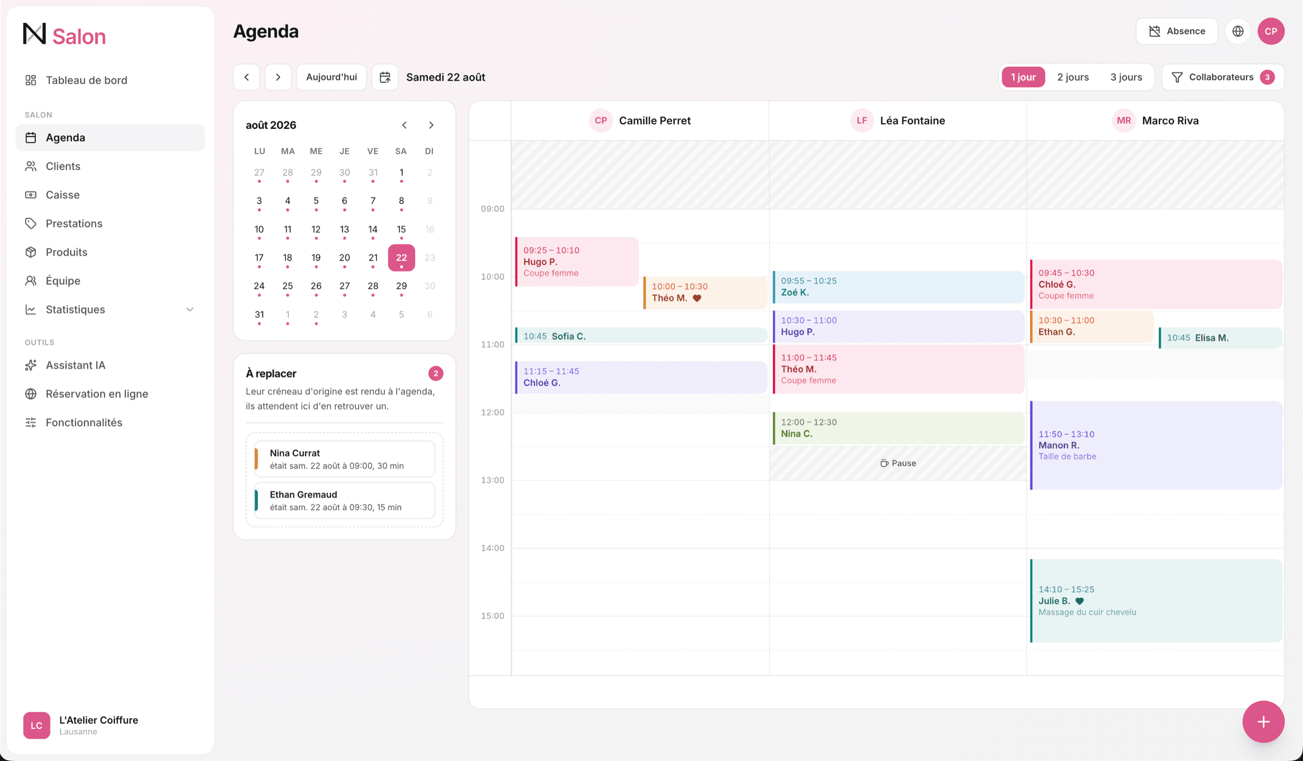 Die Agenda von Nuasix Salon, eine Spalte pro Mitarbeiter und farbige Termine