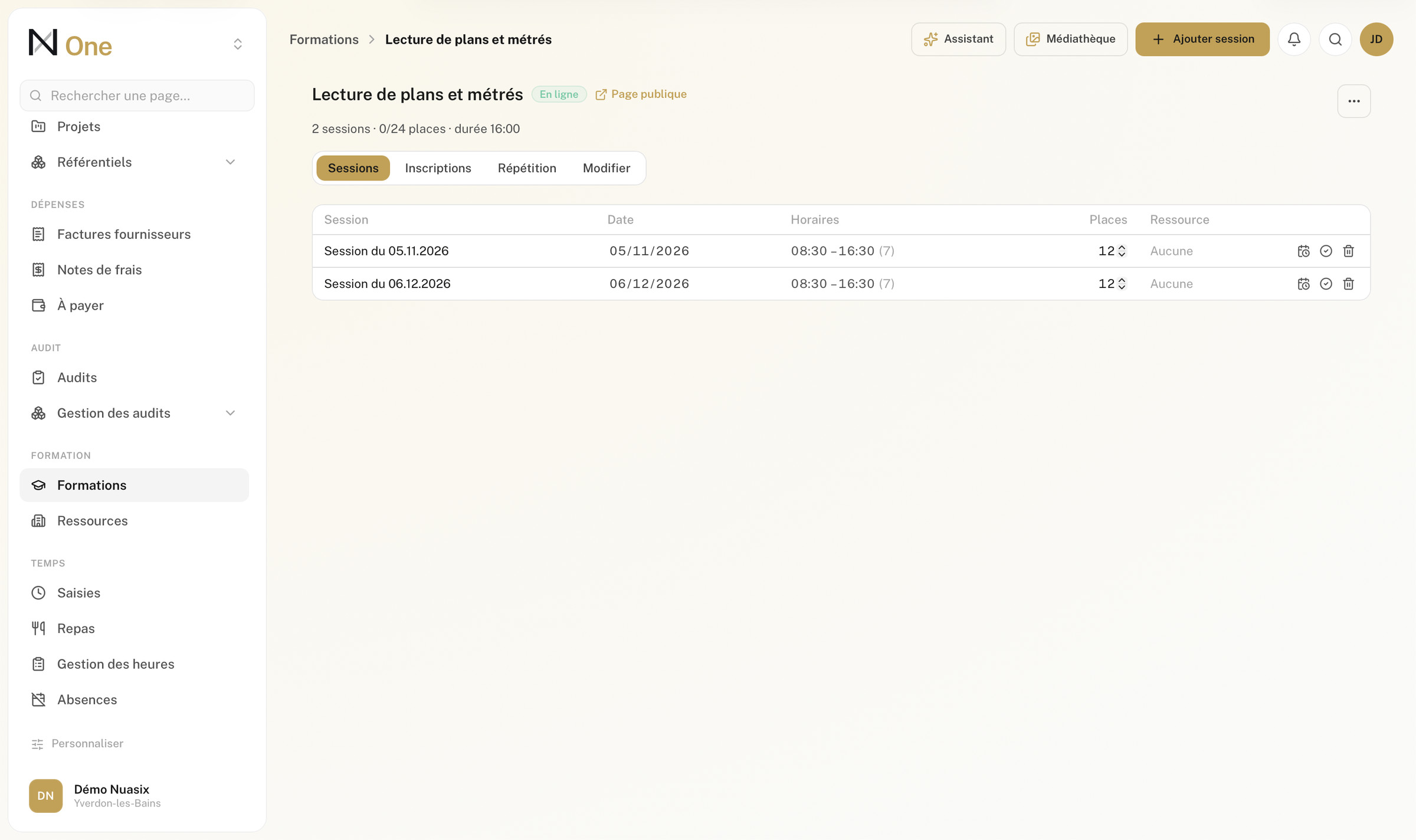 La fiche d'une formation, sa description et ses sessions