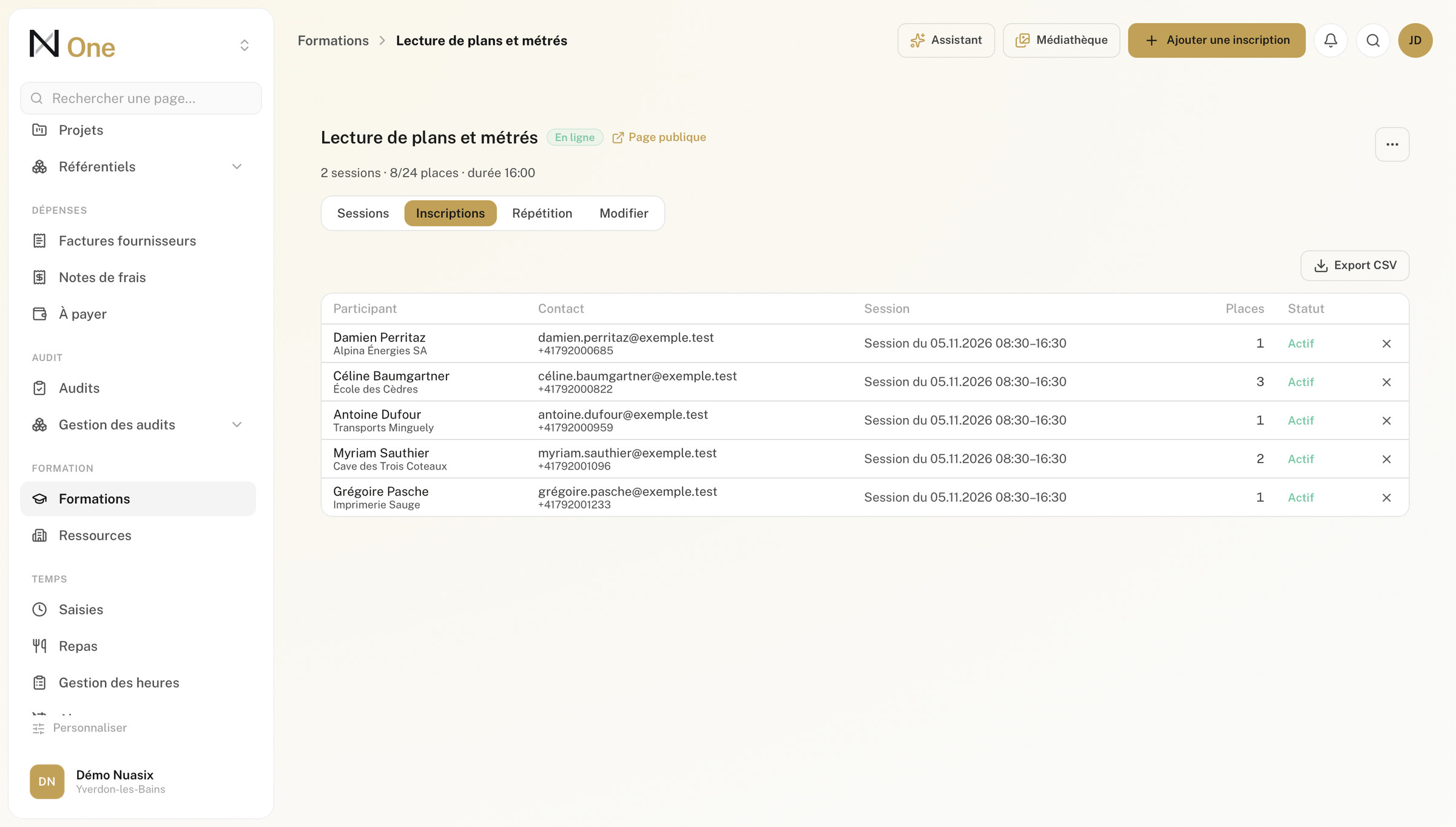 Les inscrits d'une session et les places restantes