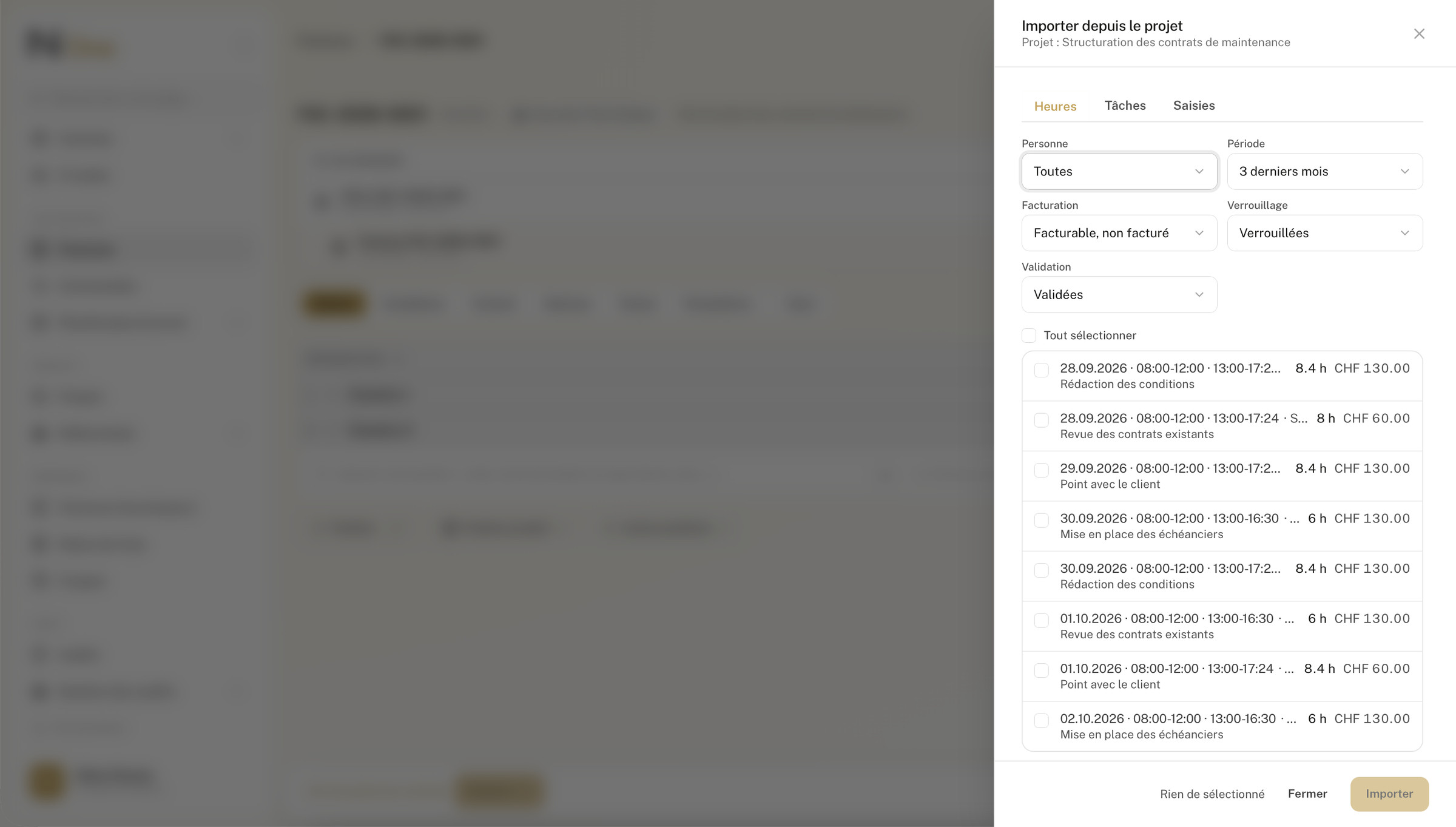 L'import d'heures sur une facture, depuis le projet