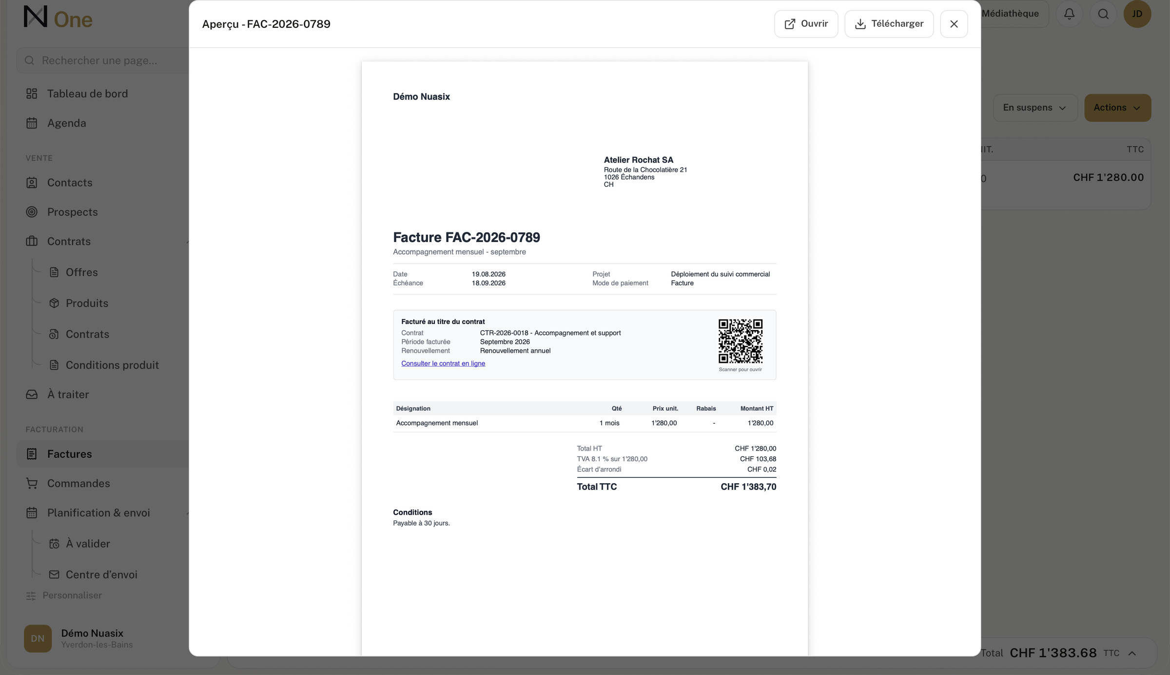 L'aperçu d'une facture et de son bulletin QR suisse