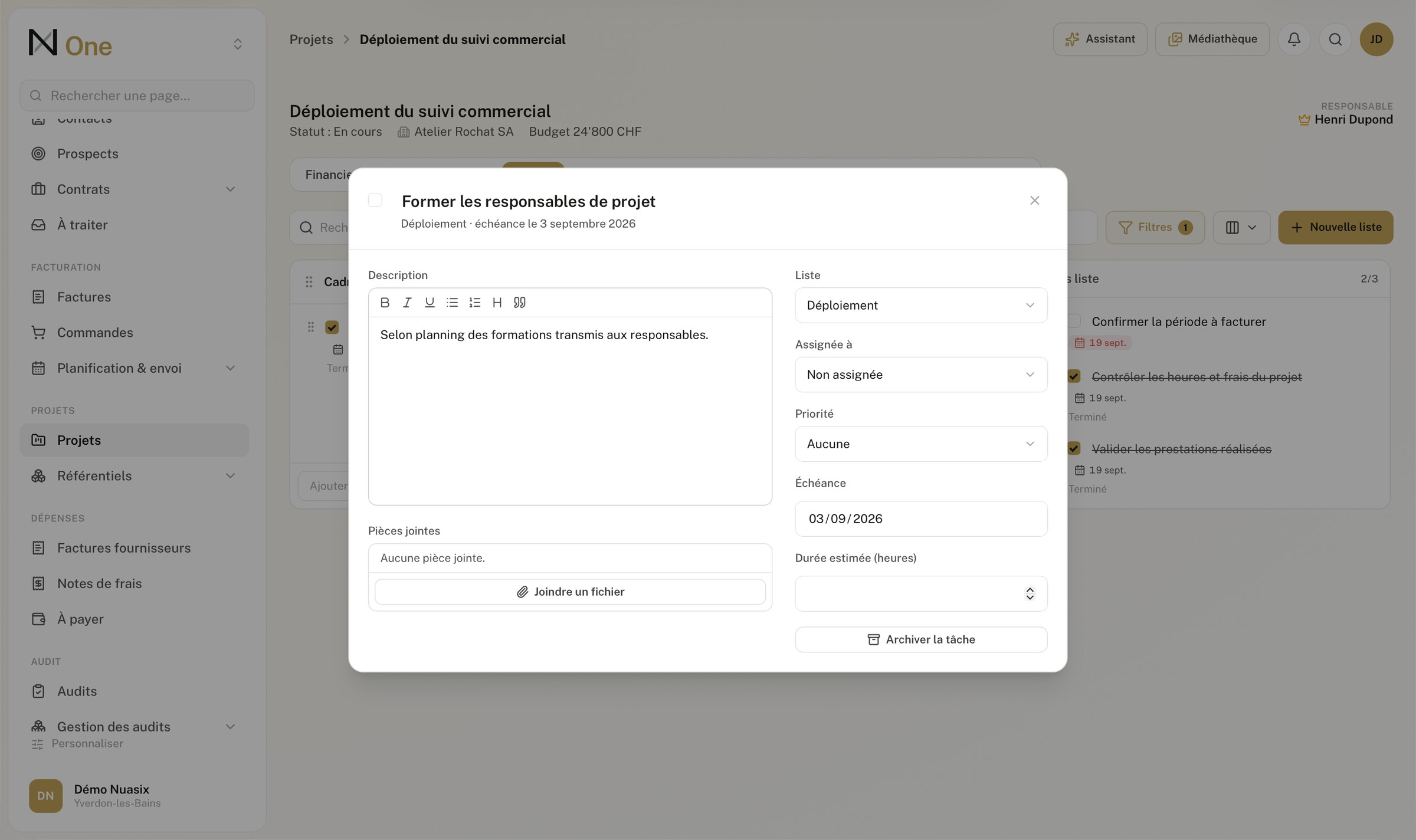 La fiche d'une tâche, sa description, ses pièces et son échéance