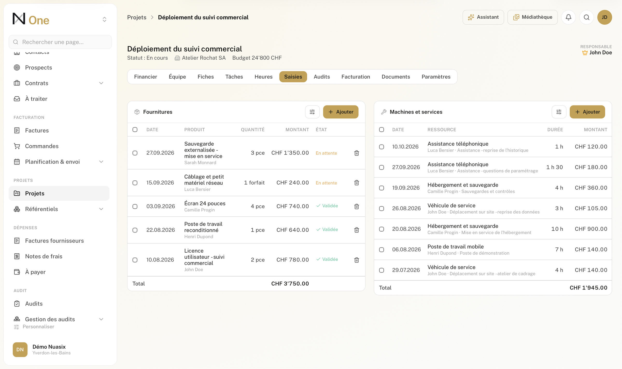 Les saisies d'un projet, heures, machines et fournitures