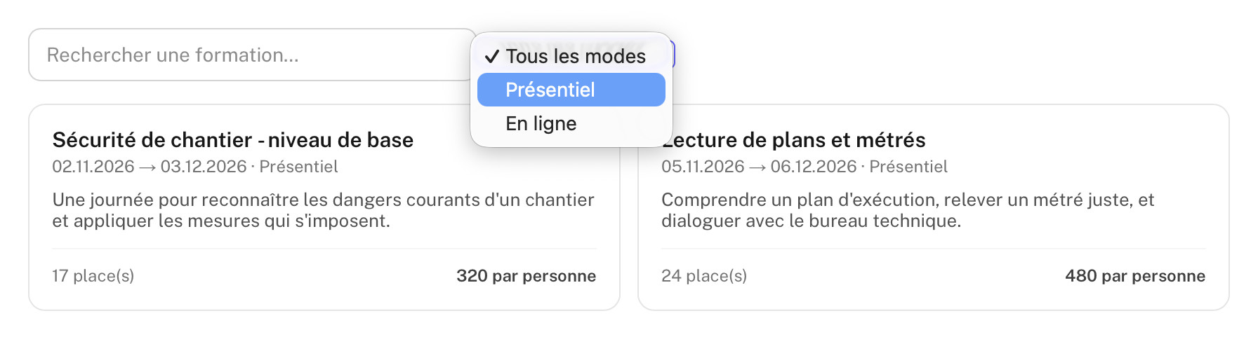 Le catalogue des formations tel qu'un visiteur le voit sur un site