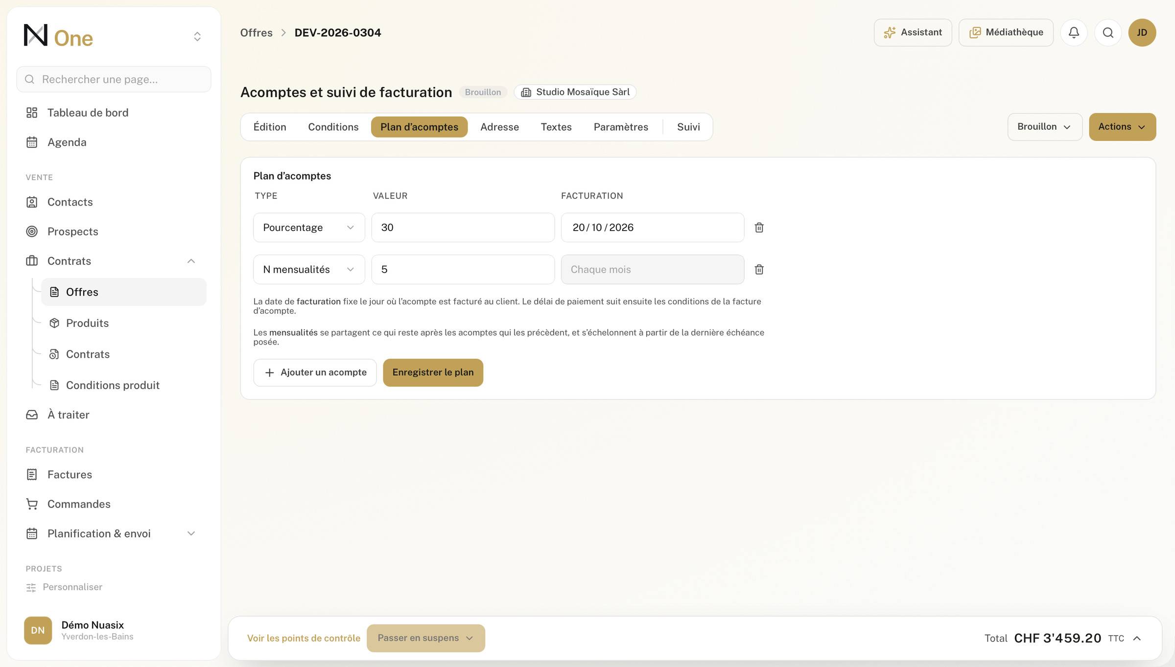 Le plan d'acomptes d'un document et ses tranches