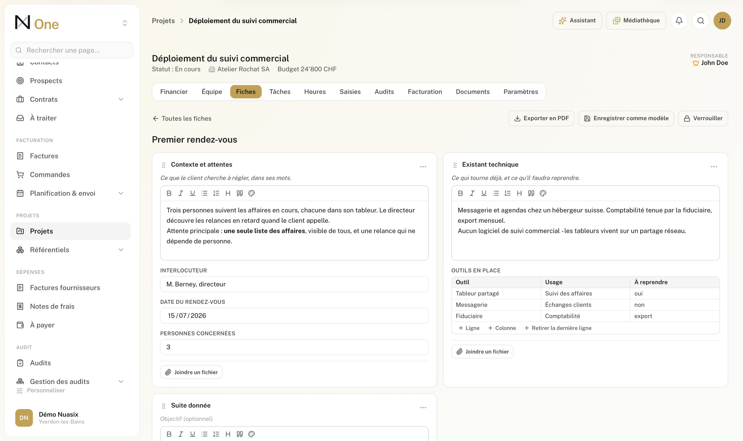 Une fiche remplie sur un projet, telle qu'elle revient du terrain