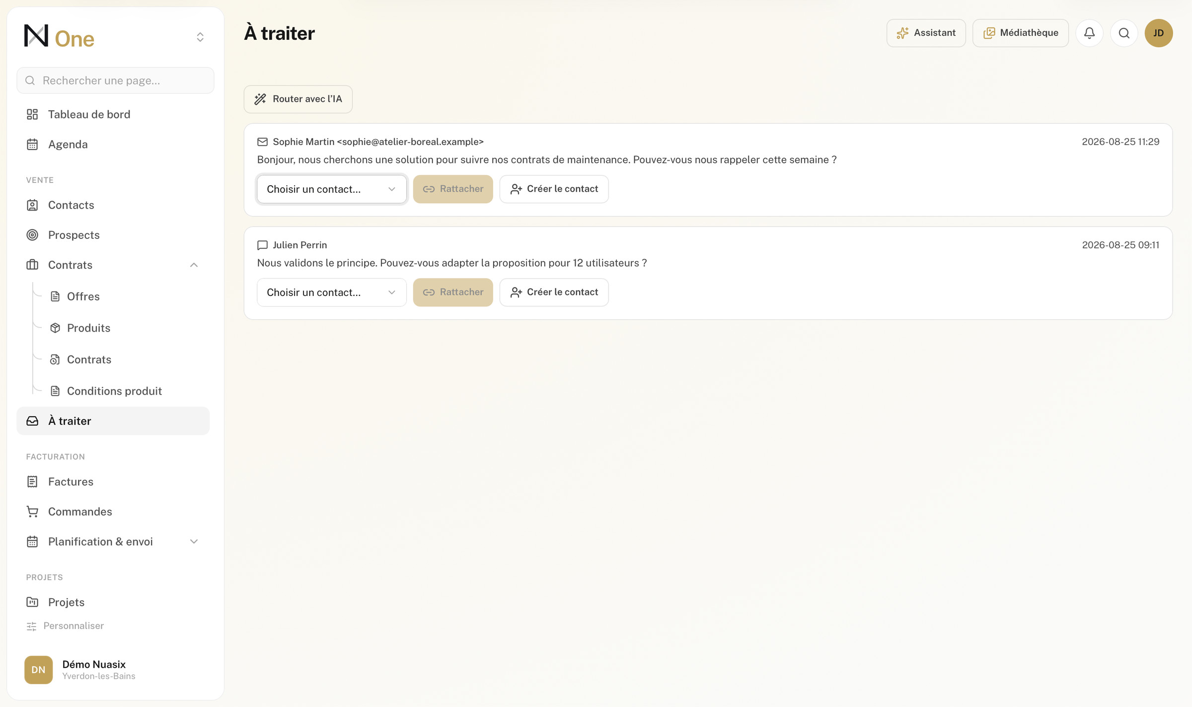 La rubrique À traiter, des messages de plusieurs origines rattachés à leur dossier