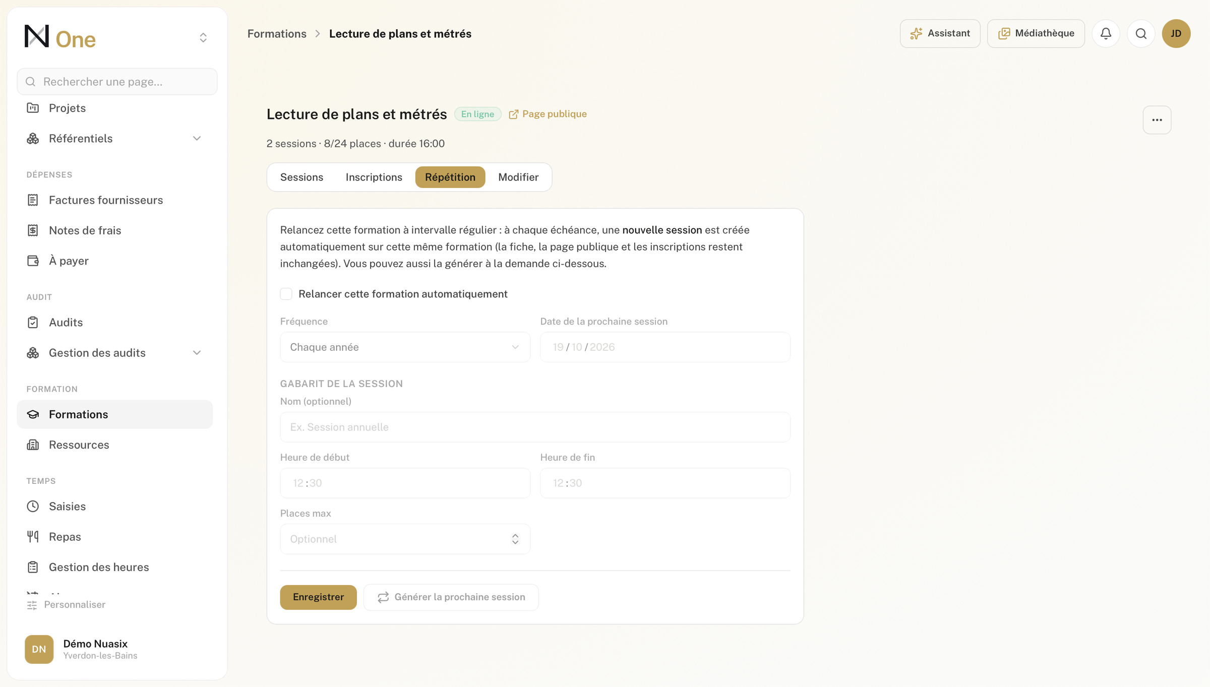 La répétition d'une formation et la date de sa prochaine session