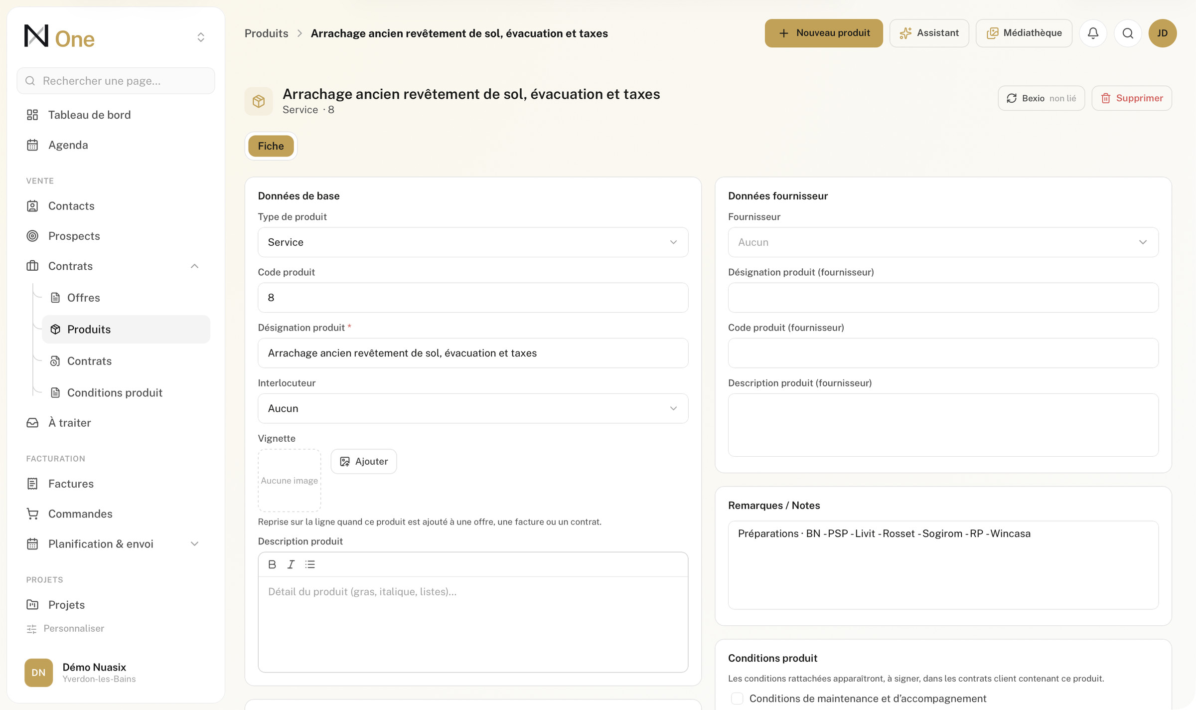 La fiche d'un produit, son image, son stock et ses conditions