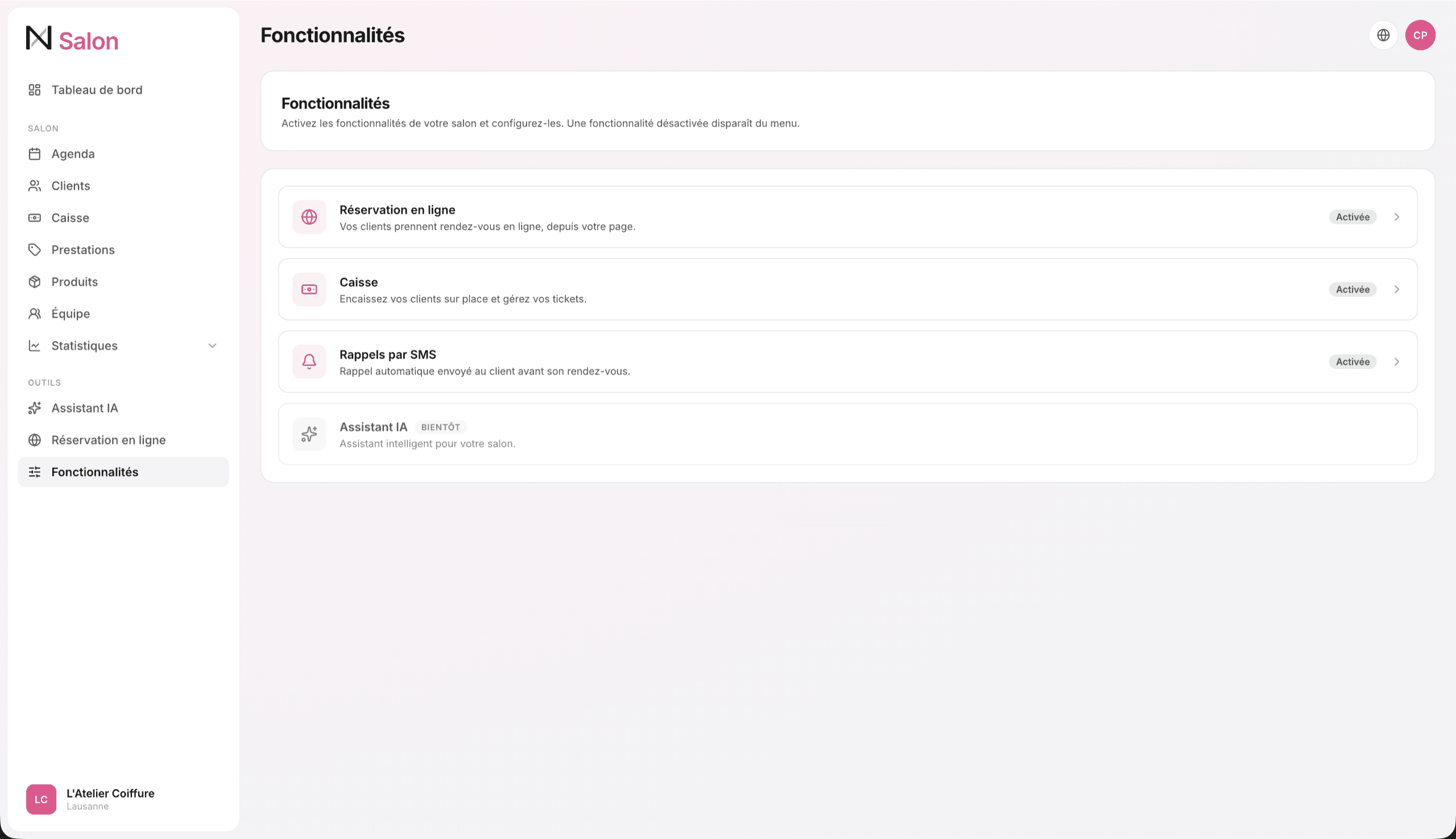 Die Funktionen des Salons, SMS-Erinnerungen aktiviert