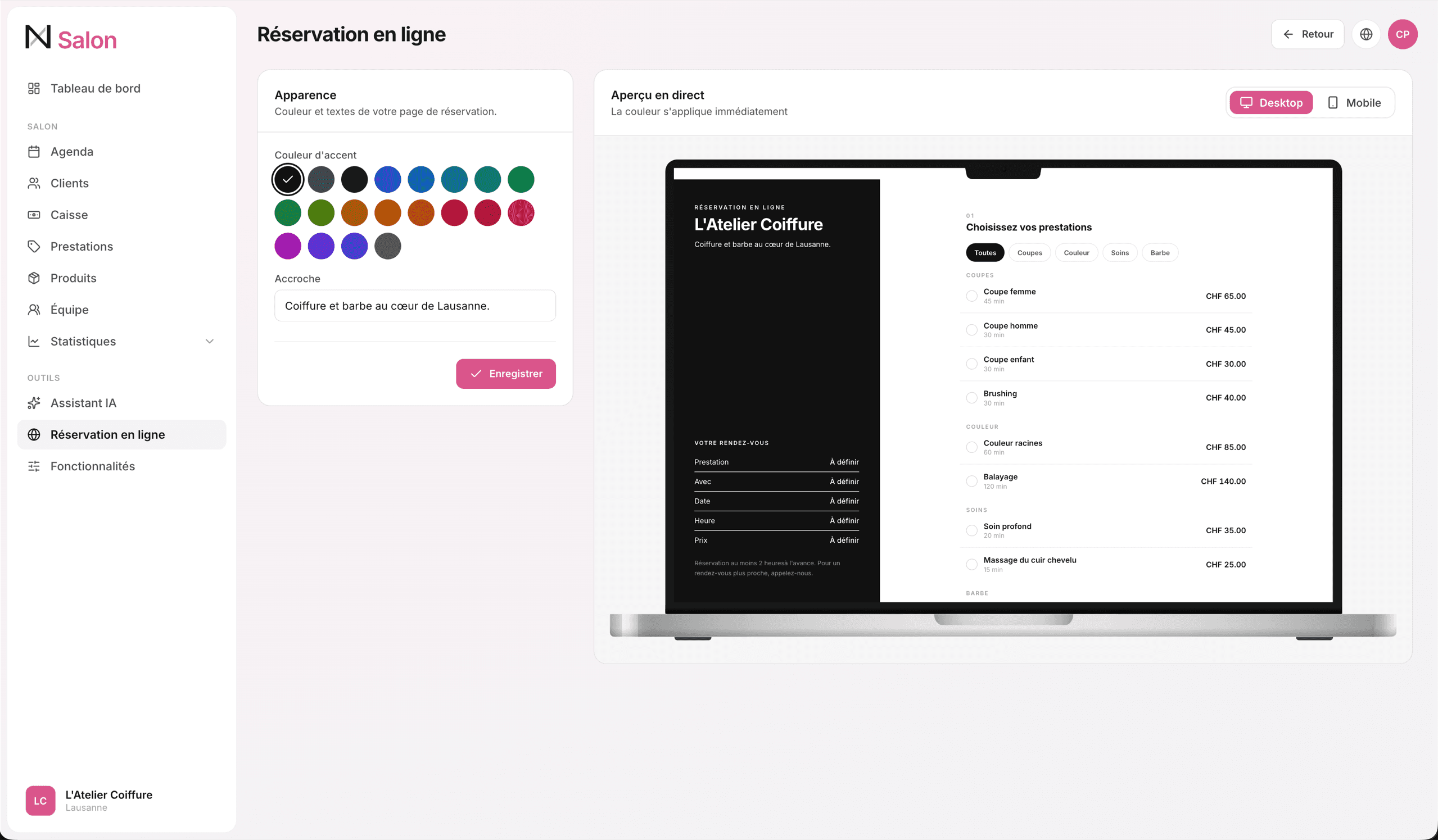 Die Online-Buchungsseite, gestaltet in den Farben des Salons